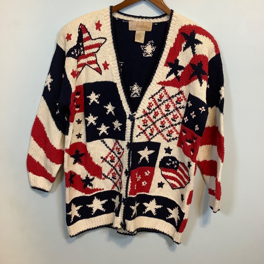 NWT Vintage Stitches in Time 90s Cardigan Women’s 1X Patriotic Granny Core USA